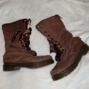 Dr. Martens Triumph Brown Leather Fold Over Plaid Satin Lace Up Boots Women’s 8